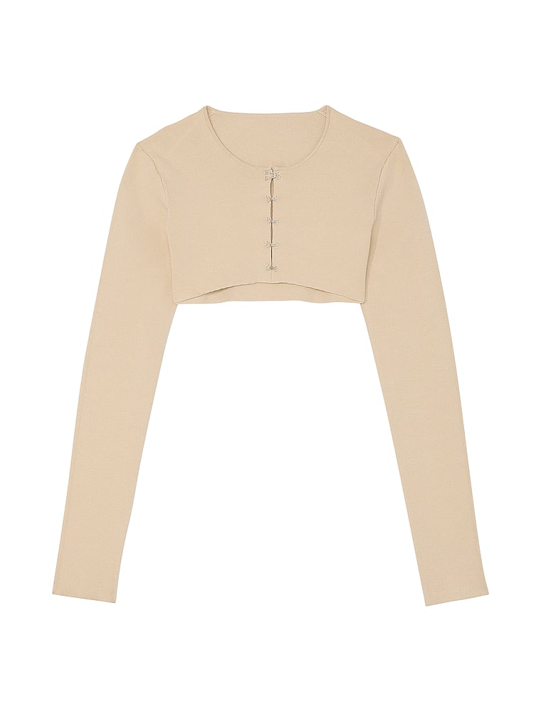 Victoria's Secret, Atelier Victoria's Secret x Altuzarra Atelier Victoria's Secret X Altuzarra Fine-Knit Hook & Eye Cropped Cardigan, SANDSTONE, offModelFront, 1 of 5