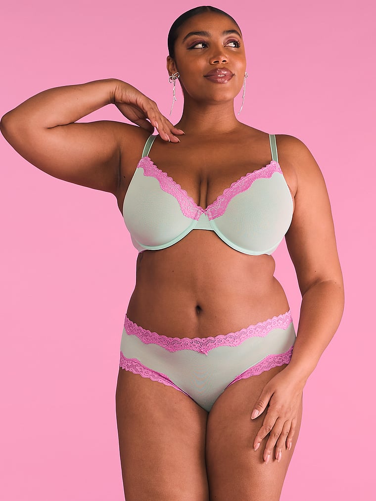 Victoria's Secret, Victoria's Secret Tease Mesh Lace-Trim Cheeky Panty, Waterfall & New Peony, onModelSide, 1 of 5 Brianna is 5'10" and wears Large