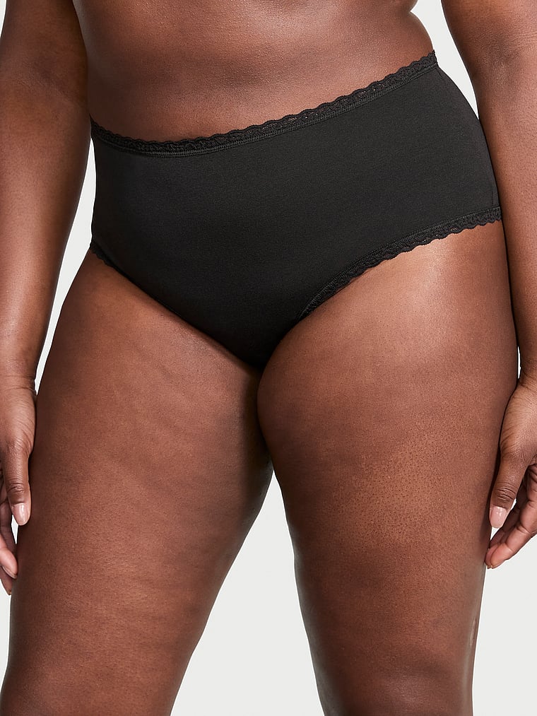 Victoria's Secret, Lace Trim Cotton Bow Lace-Trim Cheeky Panty, Black, onModelFront, 1 of 3 Grace is 5'11" and wears Large