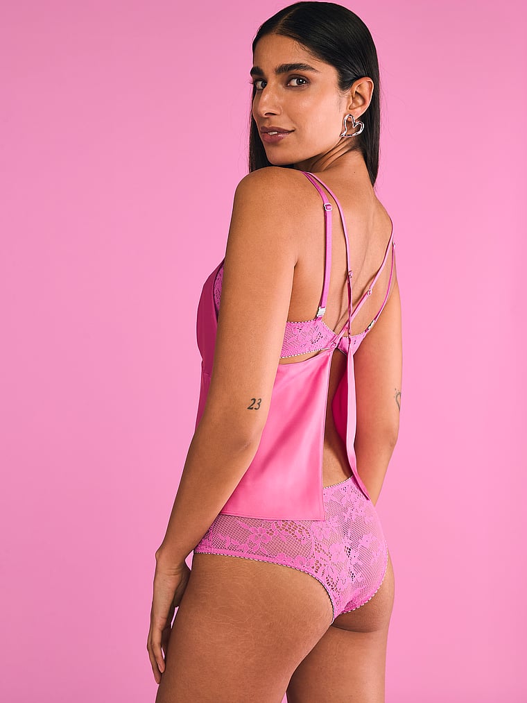 Victoria's Secret, Victoria's Secret Tease Lace Cheeky Panty, New Peony & Waterfall, onModelSide, 1 of 4 Anisha is 5'11" and wears Small