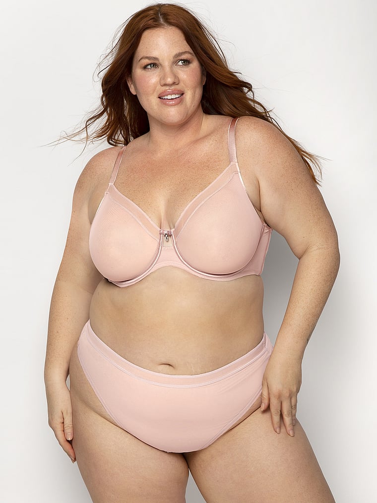 Victoria's Secret, Curvy Couture Sheer Mesh High-Cut Thong Panty, Blushing Rose, onModelFront, 1 of 3