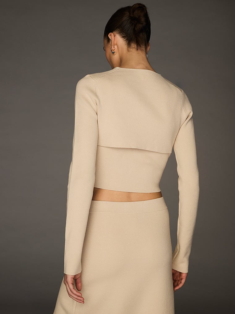 Victoria's Secret, Atelier Victoria's Secret x Altuzarra Atelier Victoria's Secret X Altuzarra Fine-Knit Hook & Eye Cropped Cardigan, SANDSTONE, onModelBack, 3 of 5