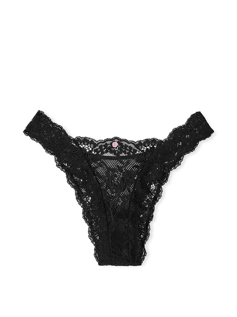 Victoria's Secret, Dream Angels Sweet Melody Motif Satin Flutter Brazilian Panty, Black, offModelFront, 3 of 3
