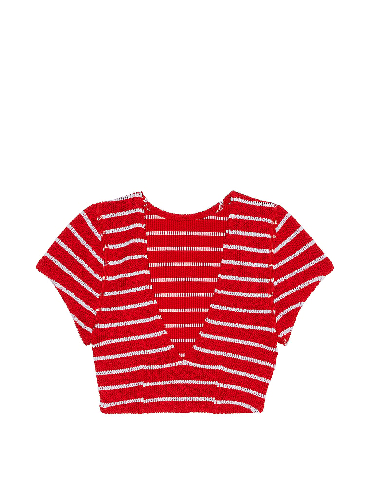 Victoria's Secret, Victoria's Secret Swim Crinkle Short-Sleeve Bikini Top, Red & White Stripes, offModelFront, 3 of 3