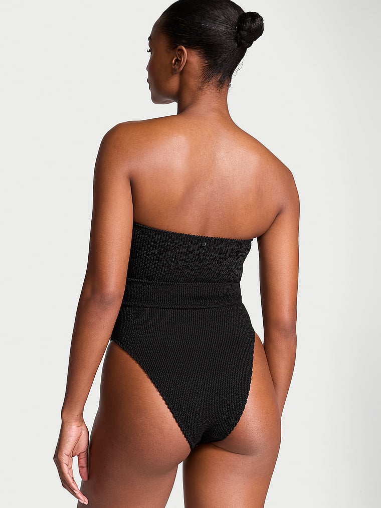 Victoria's Secret, Victoria's Secret Swim Crinkle Belted Strapless One-Piece Swimsuit, Black, onModelBack, 2 of 3 Tsheca  is 5'9" and wears Small