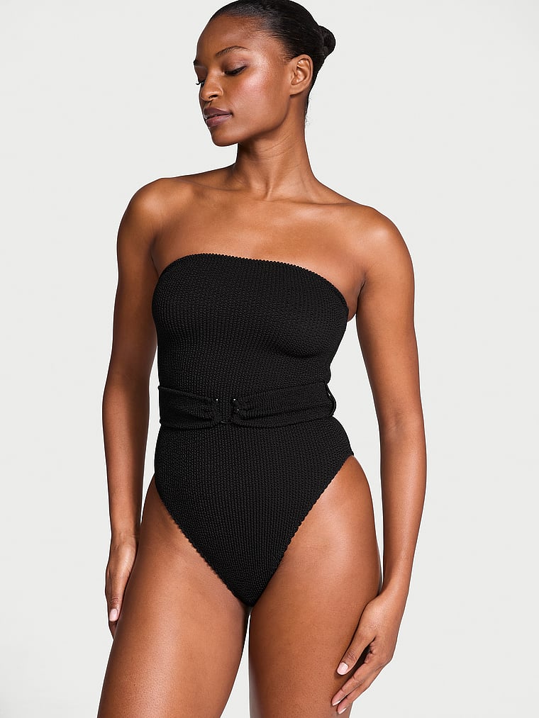 Victoria's Secret, Victoria's Secret Swim Crinkle Belted Strapless One-Piece Swimsuit, Black, onModelFront, 1 of 3 Tsheca  is 5'9" and wears Small