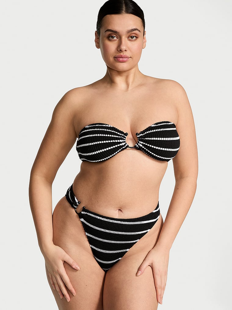 Victoria's Secret, Victoria's Secret Swim Crinkle Ring Bandeau Strapless Bikini Top, Black & White Stripes, onModelFront, 1 of 3 Karmi is 5'10" or 178cm and wears 34DD (E) or Large