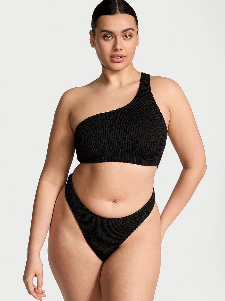 Victoria's Secret, Victoria's Secret Swim Crinkle One-Shoulder Bikini Top, Black, onModelFront, 1 of 3 Karmi is 5'10" and wears 34DD (E) or Large