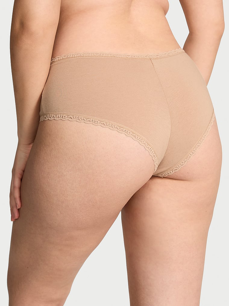 Victoria's Secret, Lace Trim Cotton Shadow Stripe Lace-Waist Cheeky Panty, Praline, onModelBack, 2 of 3 Karmi is 5'10" or 178cm and wears Large