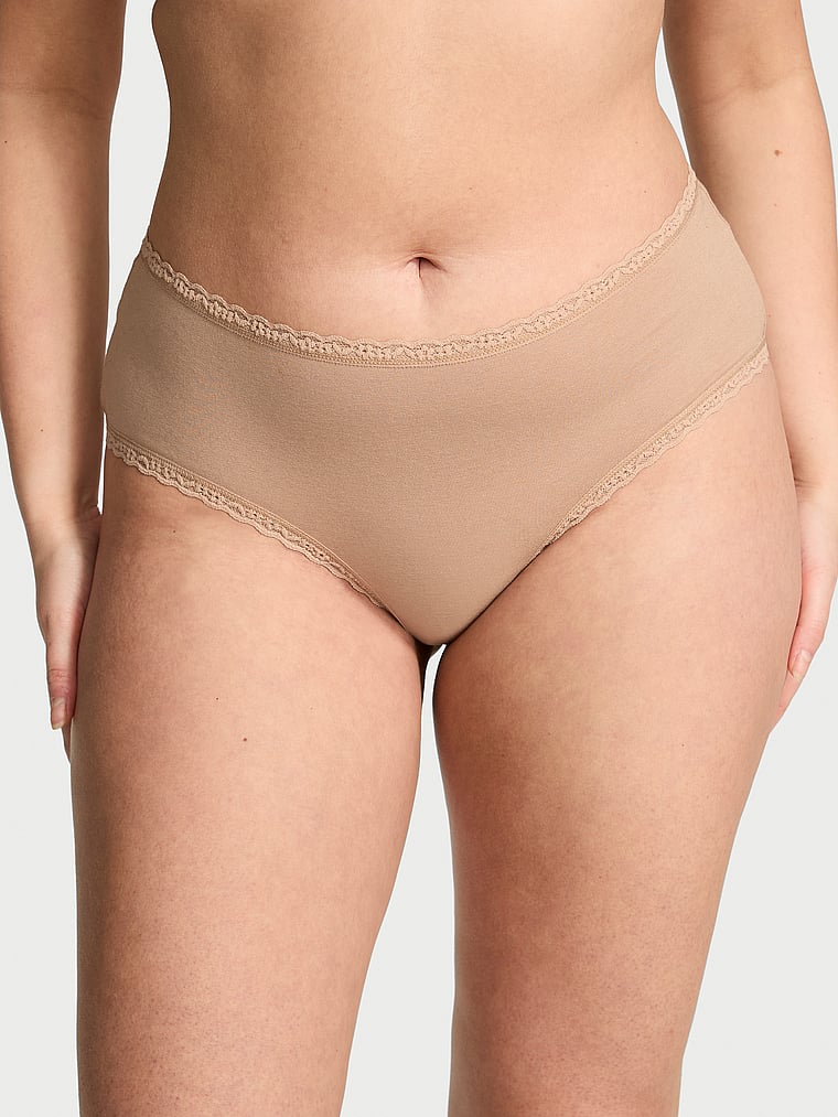 Victoria's Secret, Lace Trim Cotton Shadow Stripe Lace-Waist Cheeky Panty, Praline, onModelFront, 1 of 3 Karmi is 5'10" or 178cm and wears Large