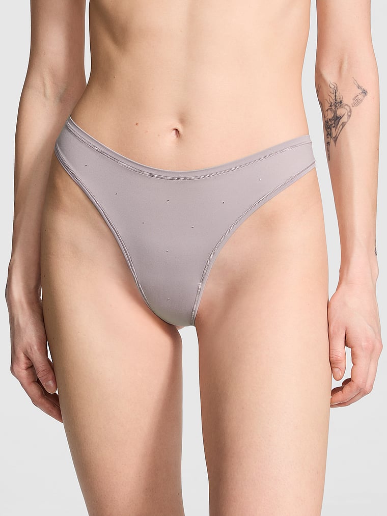 PINK Base Stretch Thong Panty, Violet Ashes Diamante, onModelFront, 1 of 3 Sofia is 5'10" or 178cm and wears Small