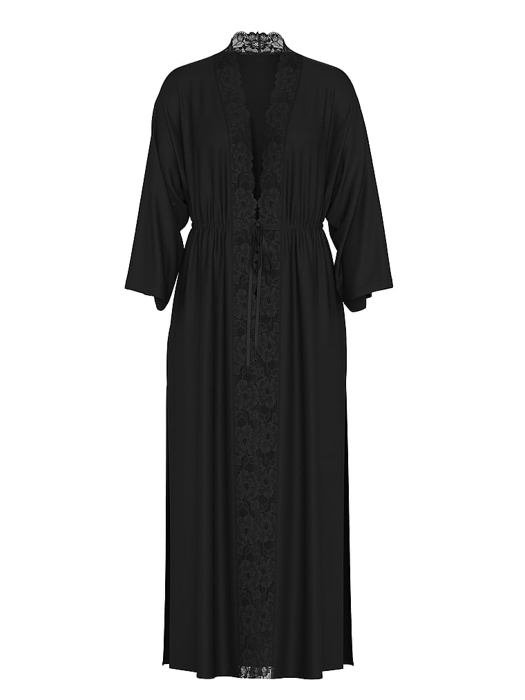 Ribbed Modal Lace-Trim Long Robe