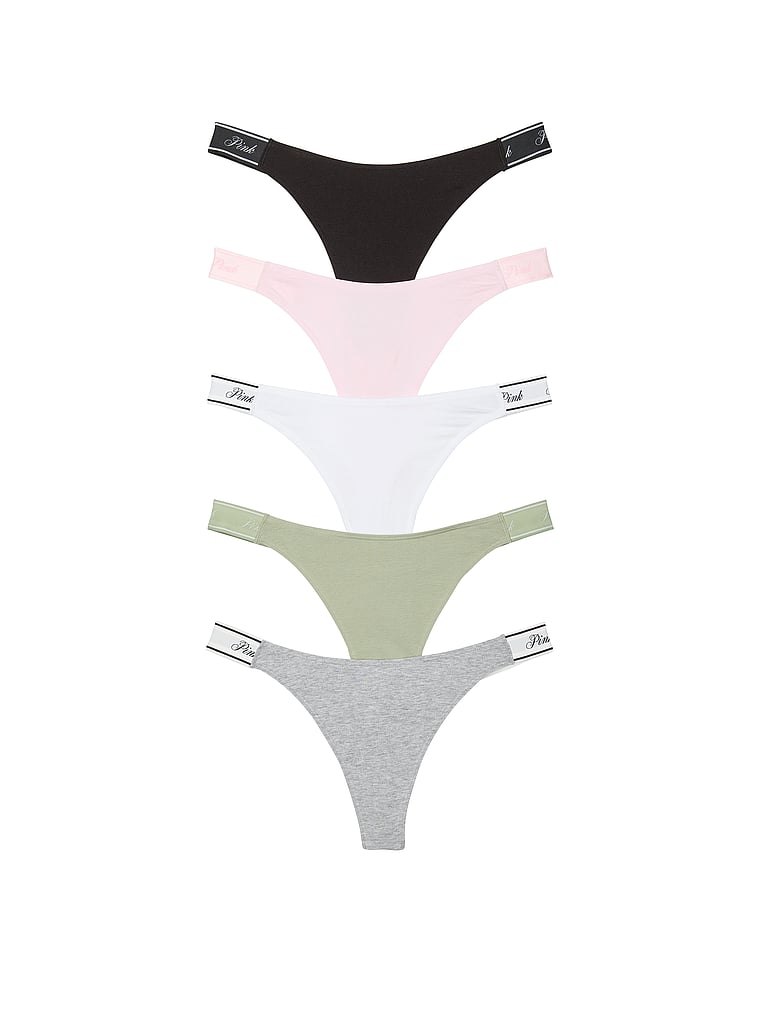 PINK 5-Pack Logo Cotton High-Leg Thong Panties, Just The Basics Pack, offModelFront, 1 of 1