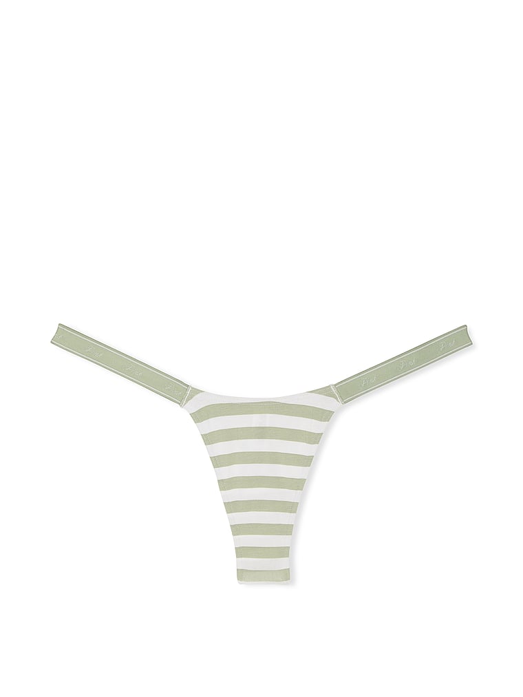 PINK Logo Cotton High-Leg Micro Thong Panty, Green Garden White Stripe Print, offModelFront, 3 of 3