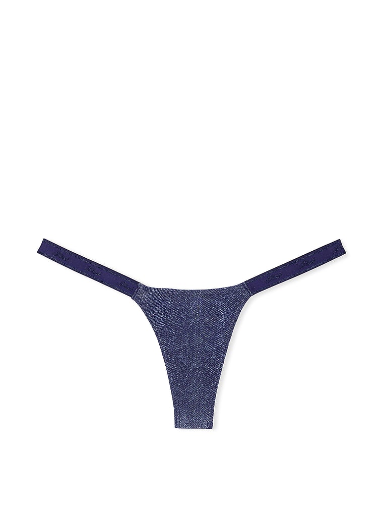 PINK Logo Cotton Denim Haze Micro Thong Panty, Dark Blue Denim Wash, offModelFront, 3 of 3
