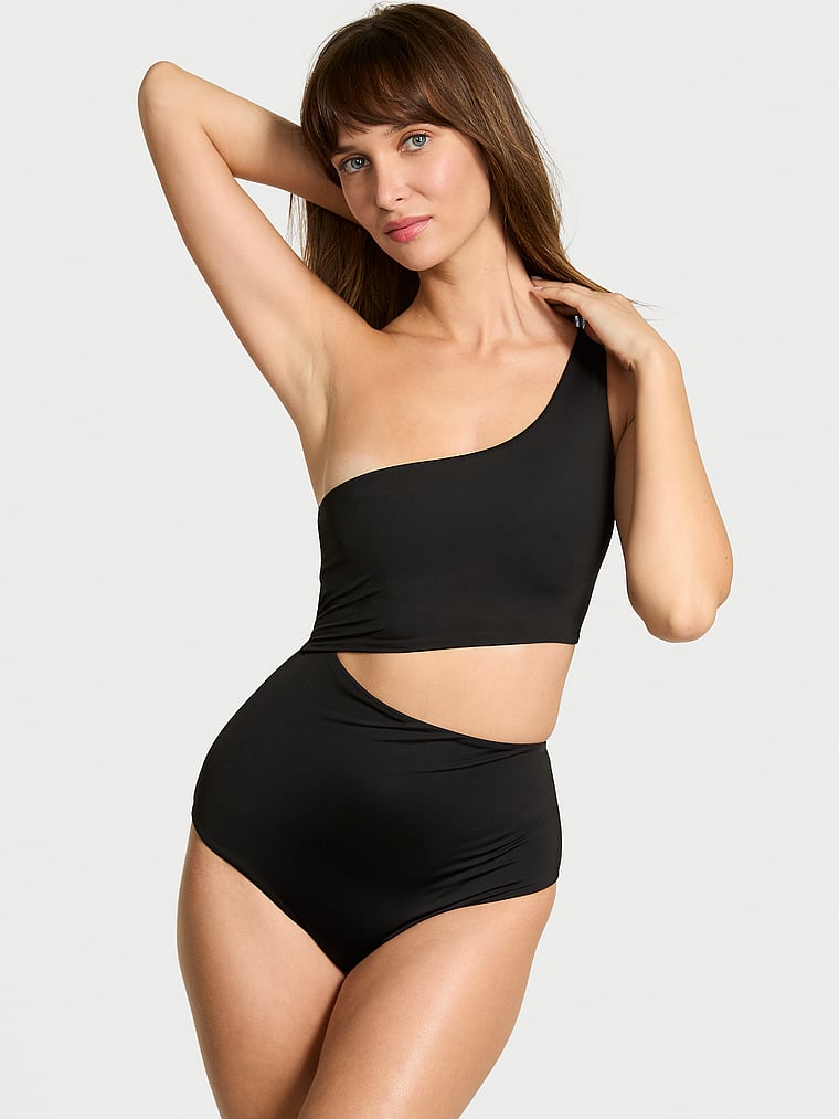 Victoria's Secret, Victoria's Secret Swim Essential Monokini One-Piece Swimsuit, Pure Black, onModelFront, 1 of 3 Ari is 5'9" or 175cm and wears Small