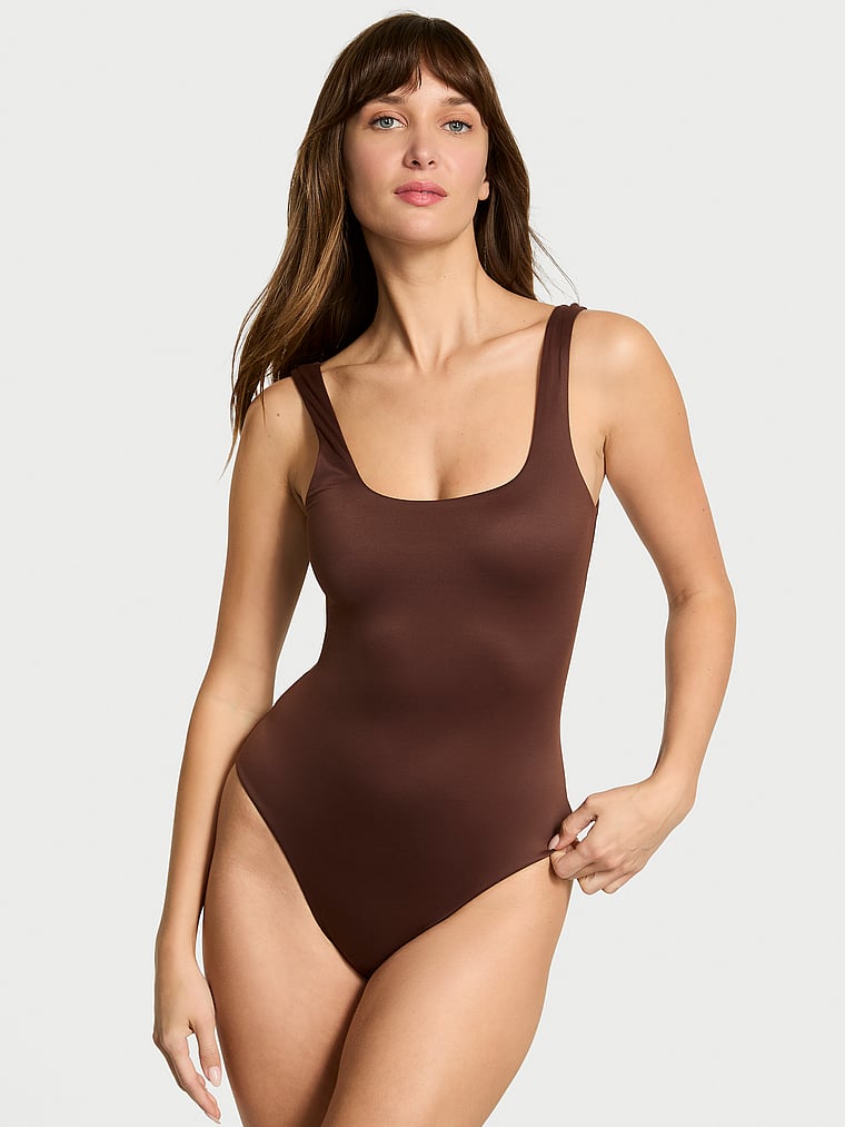 Victoria's Secret, Victoria's Secret Bodywear by Victoria's Secret with FeatherSoft™ Innovation Square-Neck Tank Bodysuit, GANACHE, onModelFront, 1 of 4 Ari is 5'9" and wears Small