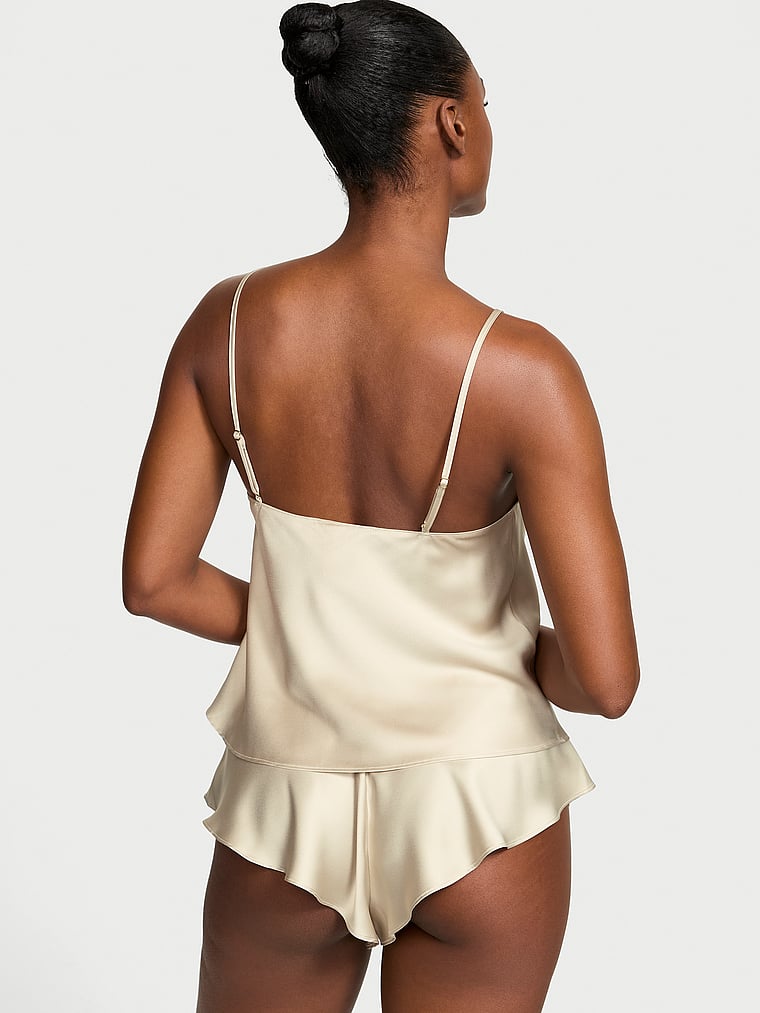 Victoria's Secret, Very Sexy Satin Rose Lace-Trim Cami & Flutter Short Set, Classic Sandstone, onModelBack, 2 of 5 Tsheca  is 5'9" and wears Small