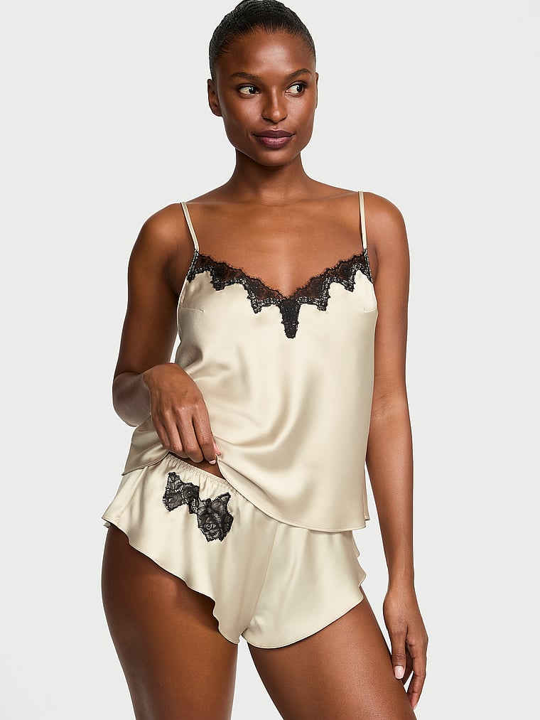 Victoria's Secret, Very Sexy Satin Rose Lace-Trim Cami & Flutter Short Set, Classic Sandstone, onModelFront, 1 of 5 Tsheca  is 5'9" and wears Small