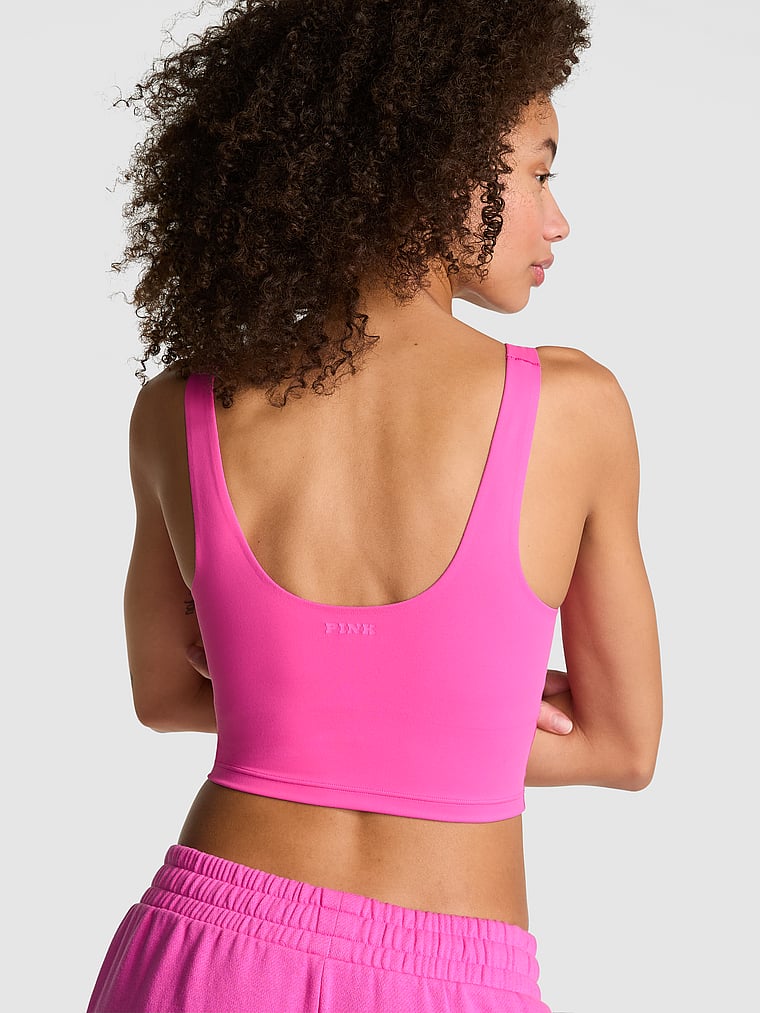 PINK Relay Longline Sports Bra, Pink Gossip, onModelBack, 2 of 3 Drew is 5'9" and wears 32C or Small