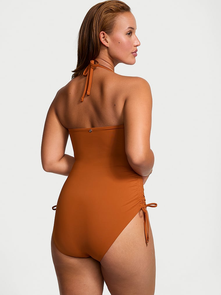 Victoria's Secret, Victoria's Secret Swim Essential Strapless Ruched One-Piece Swimsuit, Apple Cinnamon, onModelBack, 2 of 3 Sofia  is 5'8" and wears Large