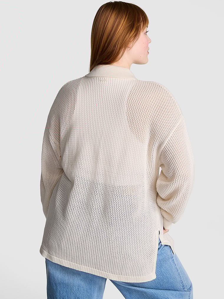 PINK Crochet Button-Down Top, White Shell, onModelBack, 3 of 3 Lulu is 5'7" or 170cm and wears Large