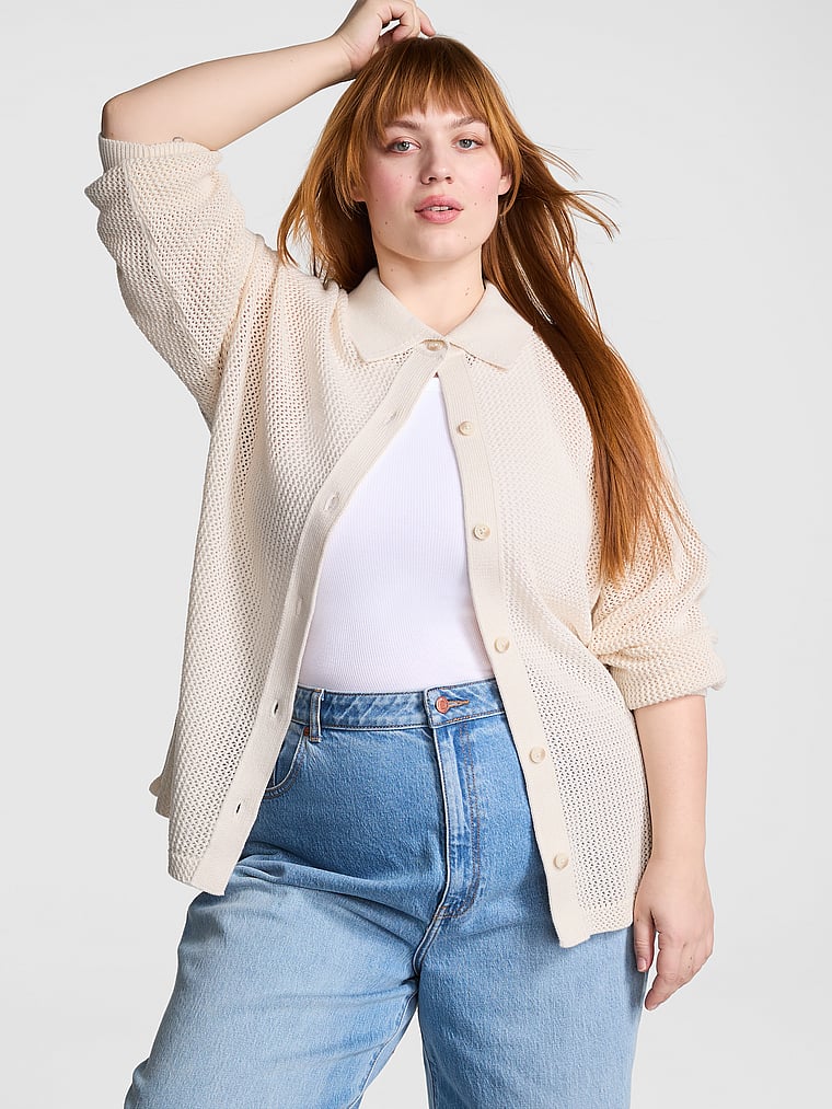 PINK Crochet Button-Down Top, White Shell, onModelFront, 2 of 3 Lulu is 5'7" or 170cm and wears Large