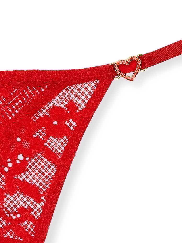 Victoria's Secret, Dream Angels Lace Rhinestone Heart Hardware Thong Panty, Bright Vermillion, detail, 4 of 4