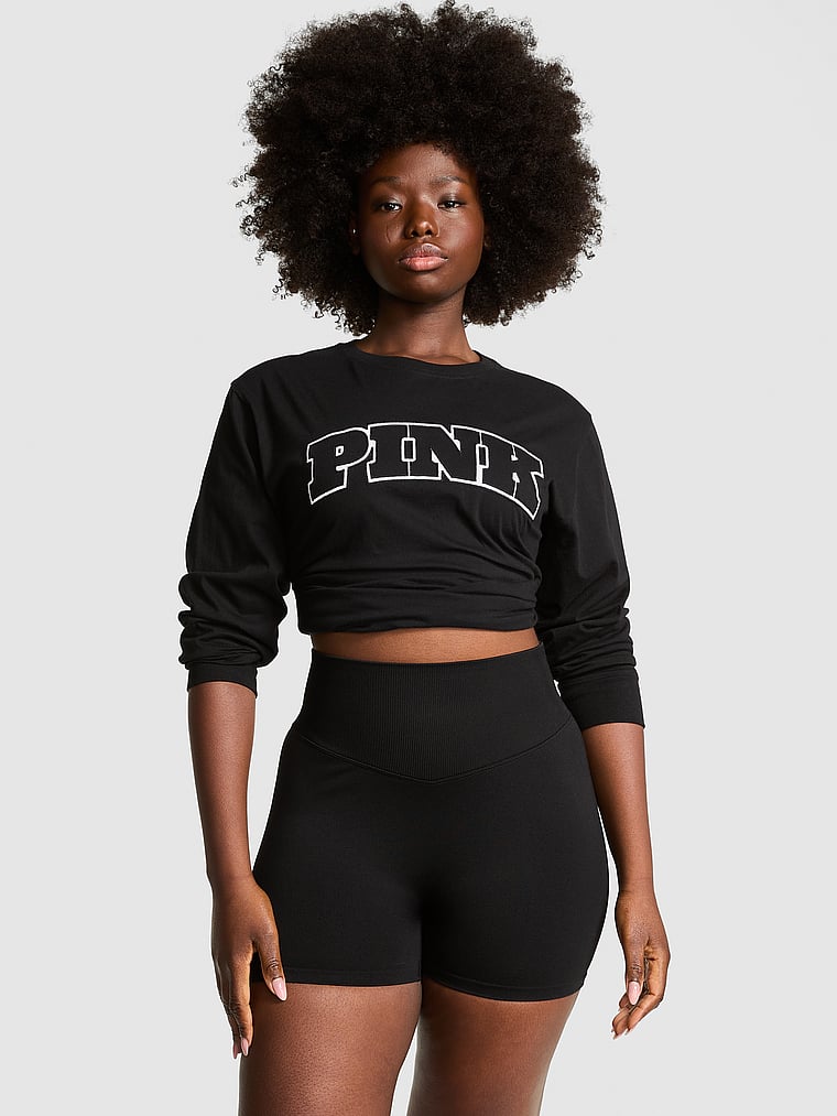 PINK Seamless Logo 3" Bike Shorts, Pure Black, onModelFront, 3 of 4 Fanta is 5'11" and wears Medium