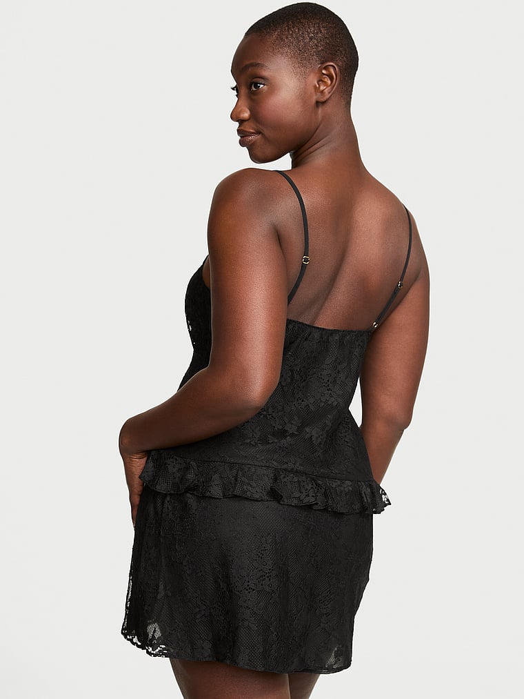 Victoria's Secret, Dream Angels Dare to Dream Lace Flounce Mini Slip, Jet Black, onModelBack, 2 of 4 Arame is 5'11" and wears Medium
