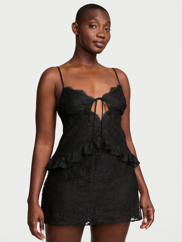 Victoria's Secret, Dream Angels Dare to Dream Lace Flounce Mini Slip, Jet Black, onModelFront, 1 of 4 Arame is 5'11" and wears Medium