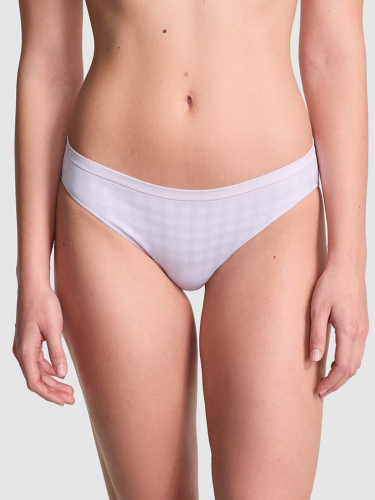 PINK Seamless Bikini Panty, Purple Whisper Gingham Print, onModelFront, 1 of 3 Taylor is 5'8" and wears Small