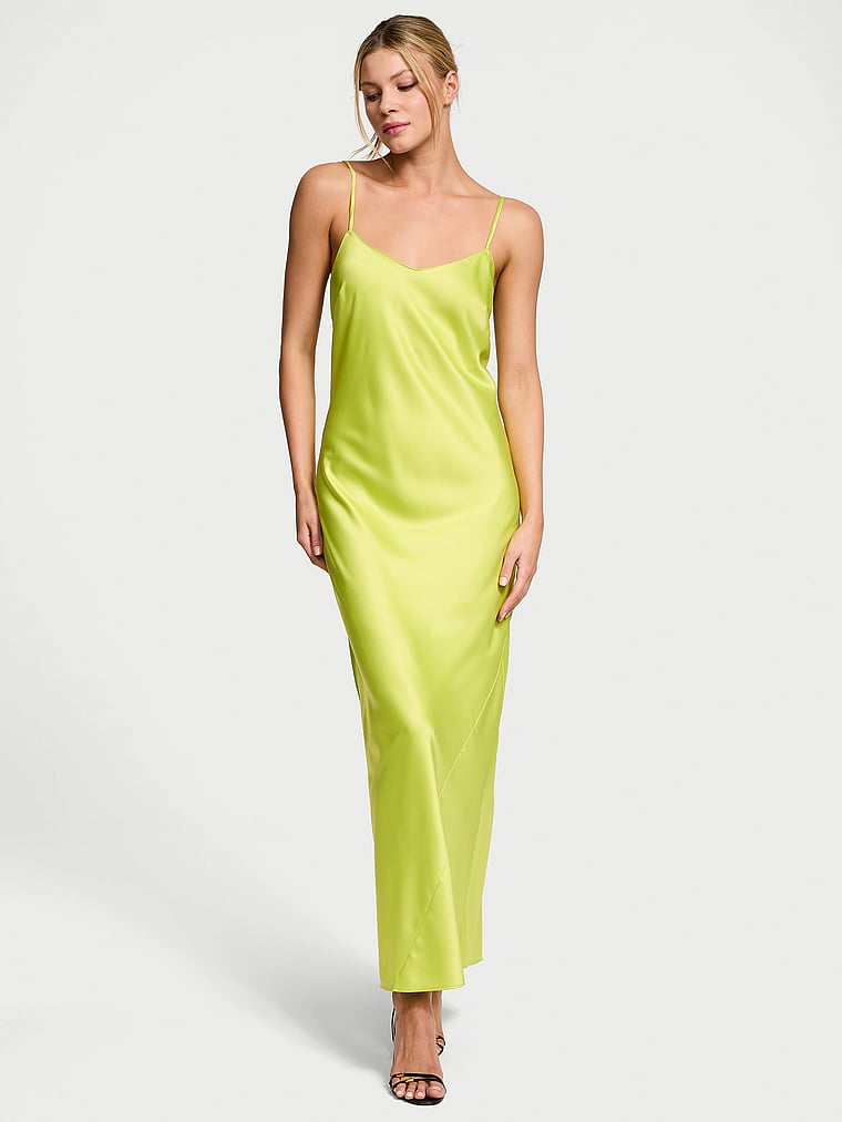 Victoria's Secret, Very Sexy Satin Long Slip Dress, Limelight, onModelFront, 1 of 4 Aga is 5'10" or 178cm and wears Small