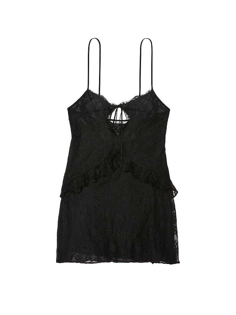 Victoria's Secret, Dream Angels Dare to Dream Lace Flounce Mini Slip, Jet Black, offModelFront, 4 of 4