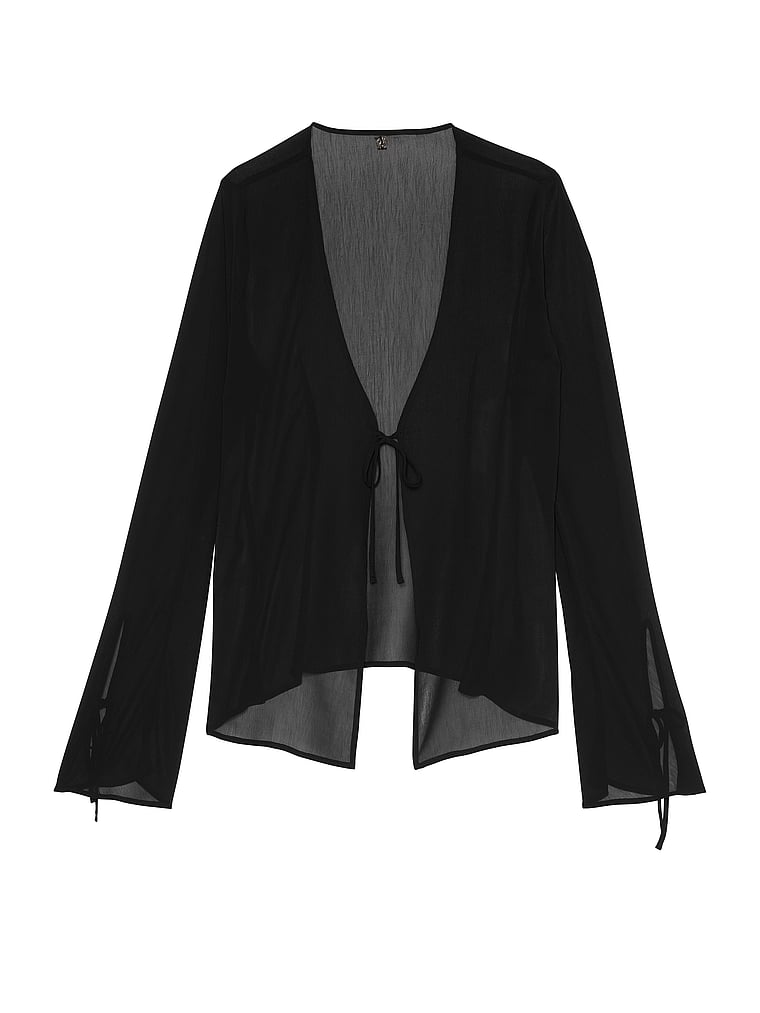 Victoria's Secret, Victoria's Secret Swim Beachwear Sheer Crinkle Tie-Front Long-Sleeve Top, Black, offModelFront, 3 of 3