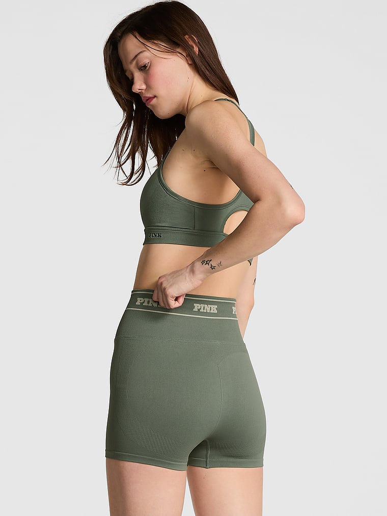 PINK Seamless Logo 3" Bike Shorts, Faded Sage, onModelBack, 2 of 3 Sofia is 5'10" and wears Small