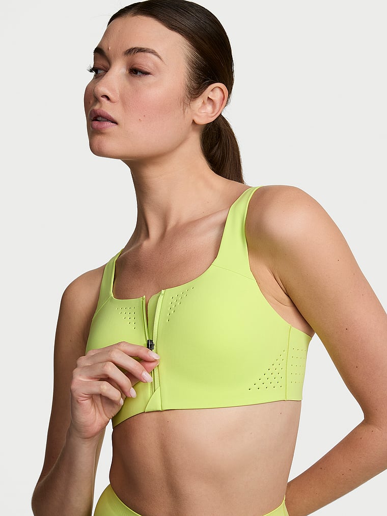 Victoria's Secret, VSX VSX Featherweight Max™ Front-Close Sports Bra, Sparkling Lime, onModelFront, 1 of 4 Kennidy is 5'11" and wears 34B or Small
