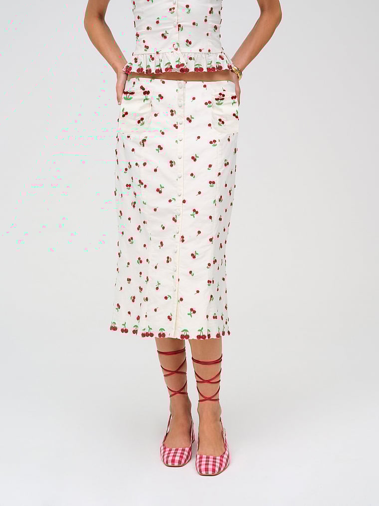 Victoria's Secret, For Love & Lemons Beaded Cherries Midi Skirt, White, onModelFront, 1 of 4