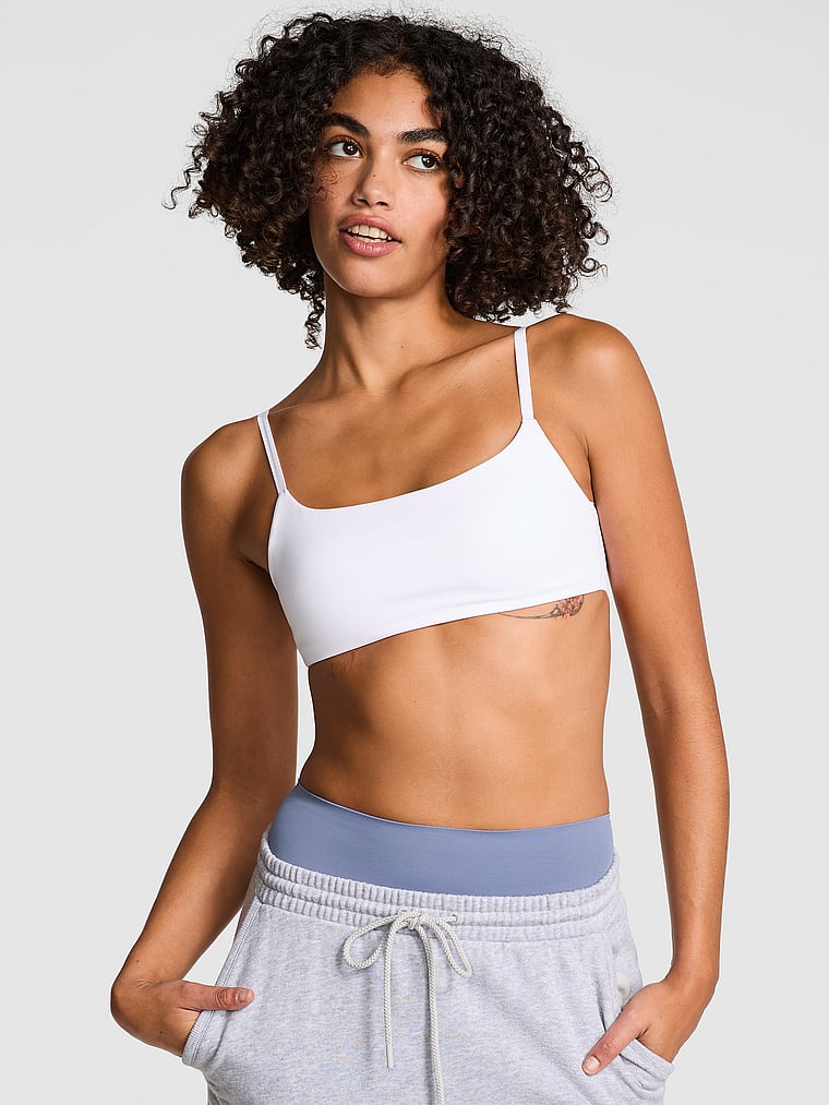 PINK Relay Square-Neck Sports Bra, Vs White, onModelFront, 1 of 3 Vanessa is 5'10" or 178cm and wears 32B or Small