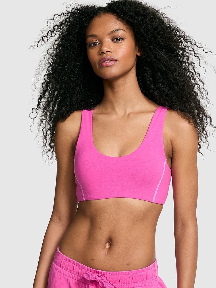 PINK All-Day Cotton Scoop Sports Bra, Pink Gossip, onModelFront, 1 of 3 Jordan is 5'9" and wears 34B or Small