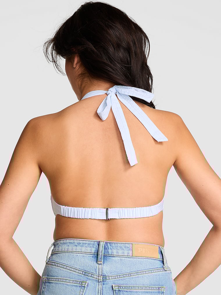 PINK by Frankies Bikinis Lane Seersucker Halter, Pansy Stripe, onModelBack, 2 of 3 Isabella is 5'9" and wears Medium