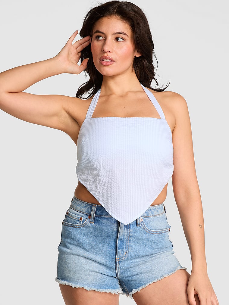 PINK by Frankies Bikinis Lane Seersucker Halter, Pansy Stripe, onModelFront, 1 of 3 Isabella is 5'9" and wears Medium