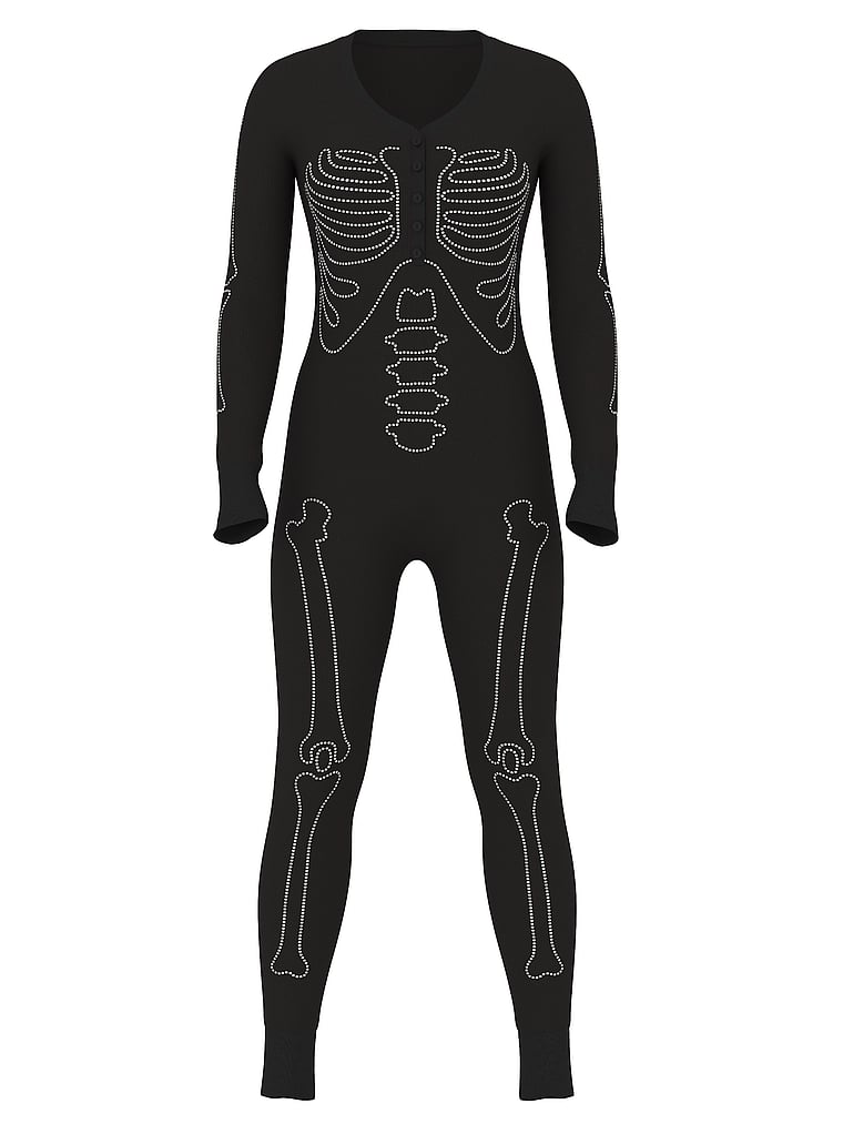PINK Thermal Long-Sleeve Onesie, Black Diamante Skeleton, offModelFront, 4 of 4