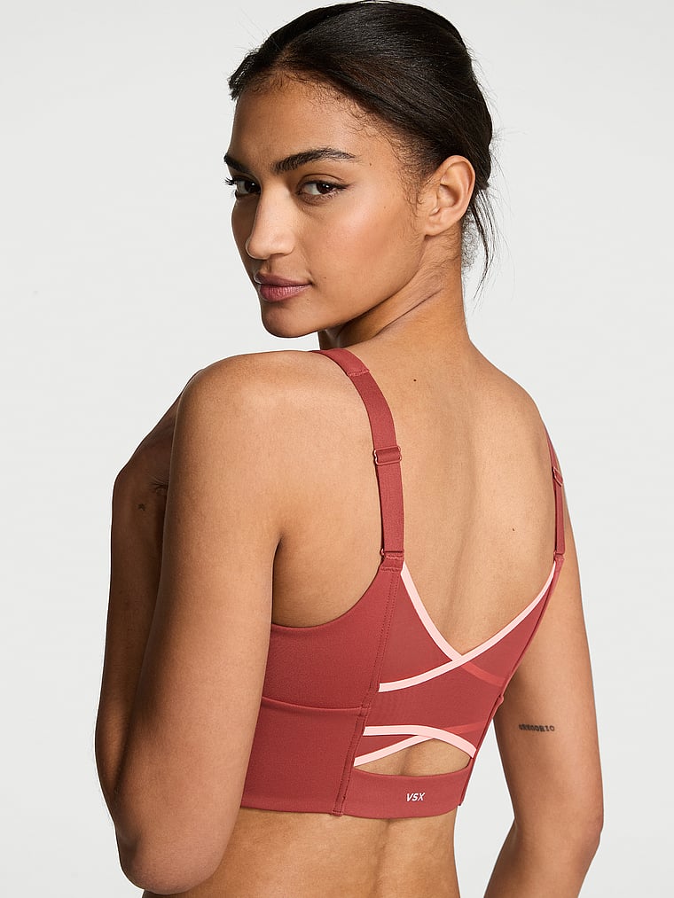 Victoria's Secret, VSX VSX Elevate™ Cross-Back Mesh Sports Bra, Russet & Coral Flash, onModelBack, 2 of 3