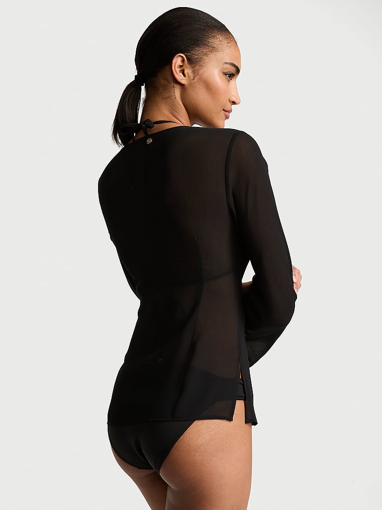 Victoria's Secret, Victoria's Secret Swim Beachwear Sheer Crinkle Tie-Front Long-Sleeve Top, Black, onModelBack, 2 of 3 Anyeline is 5'10" or 178cm and wears Small