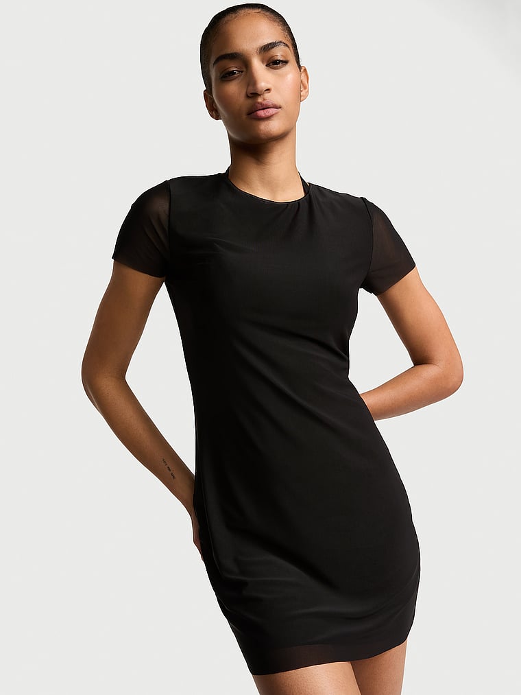 Victoria's Secret, Victoria's Secret Swim Beachwear Mesh Mini Dress, Pure Black, onModelFront, 2 of 3