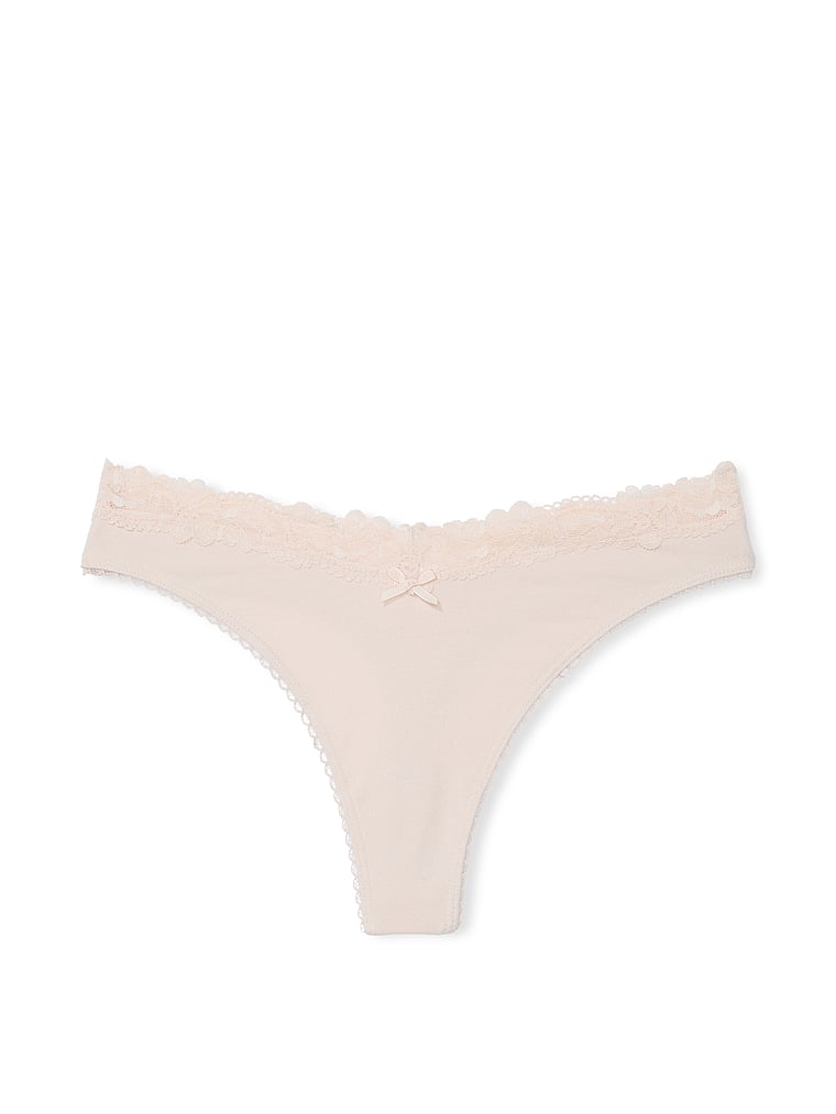Victoria's Secret, Victoria's Secret Body by Victoria Stretch Cotton Lace-Waist High-Leg Scoop Thong Panty, Marzipan, offModelFront, 3 of 3