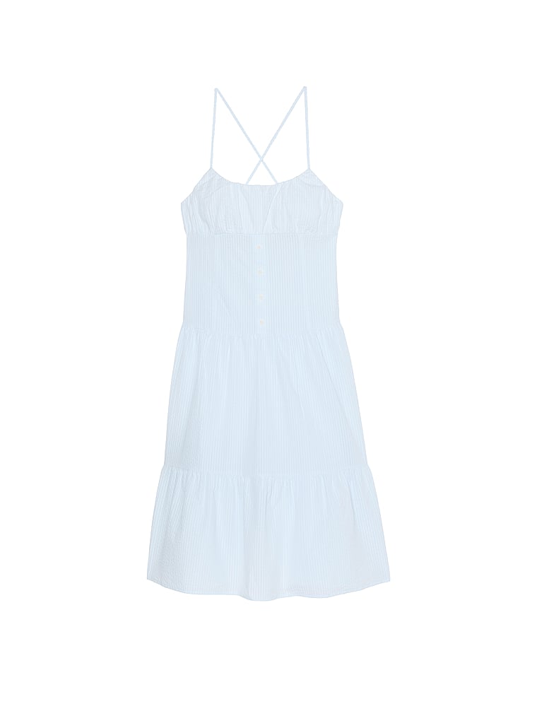 PINK by Frankies Bikinis Prairie Seersucker Midi Dress, Pansy Stripe, offModelFront, 3 of 3