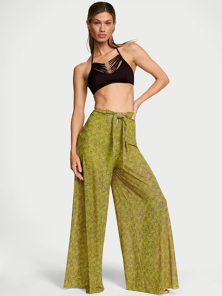 Victoria's Secret, Victoria's Secret Swim Beachwear Mesh Tie-Front Cover-Up Pants, Limelight Dots, onModelFront, 1 of 3 Maggie is 5'7" or 170cm and wears Small