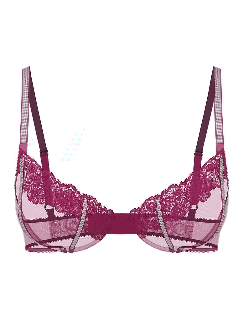 Victoria's Secret, Very Sexy Sheer Shine Rose Unlined Low-Cut Demi Bra, Kir, offModelFront, 4 of 5
